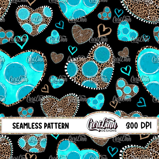Seamless Pattern Teal Leopard Hearts