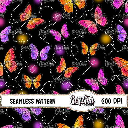 Seamless Pattern Neon Butterflies - Black