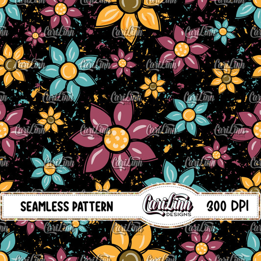 Seamless Pattern Sunflower Distressed - Black