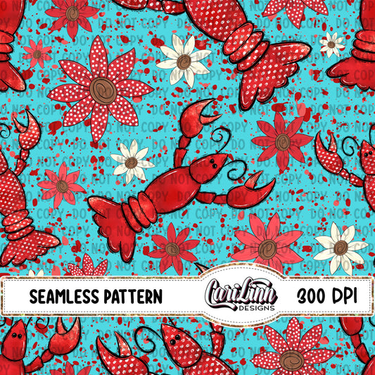 Seamless Pattern Floral Crawfish
