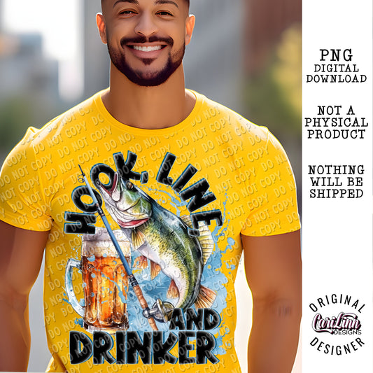 Hook, Line and Drinker, Original Designer, PNG Digital Download for Sublimation, DTF, DTG