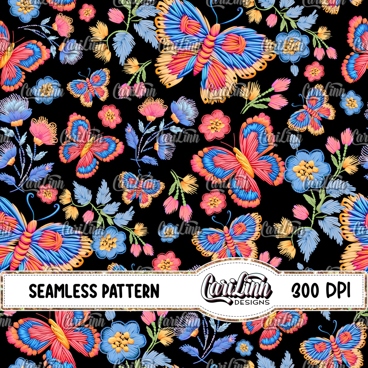Seamless Pattern Embroidered Butterflies (Faux Embroidery)